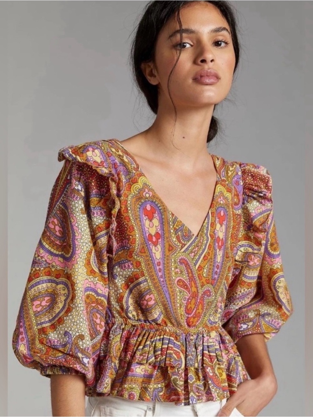 Anthropologie Love the Label Paisley V-Neck Peplum Blouse